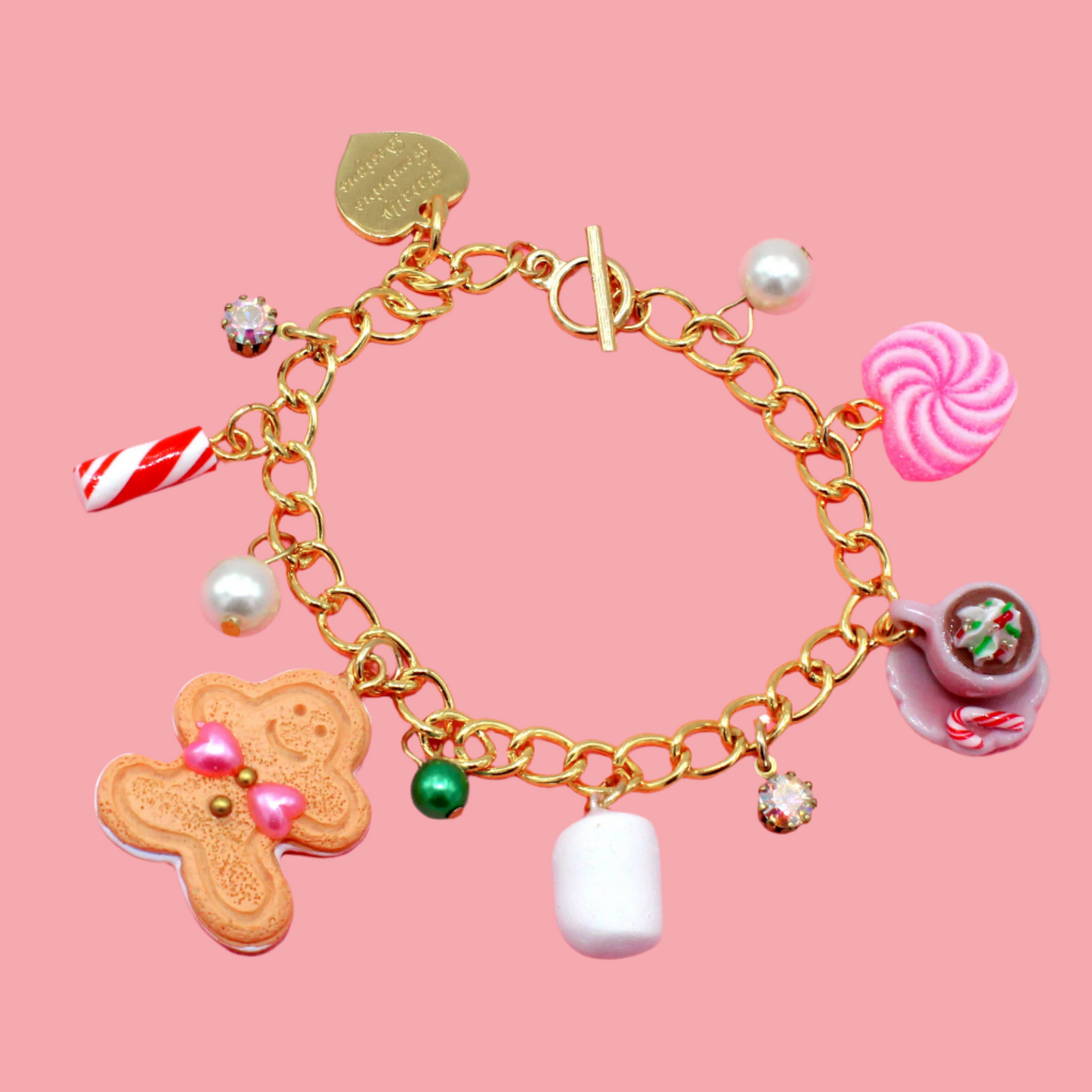 Pink Christmas Chunky Charm Bracelet - Limited Edition Holiday Collection - Gold