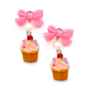 Pink Cupcake Bow & Pearl Earrings, Rainbow Sprinkle Birthday Cake Charm Earrings