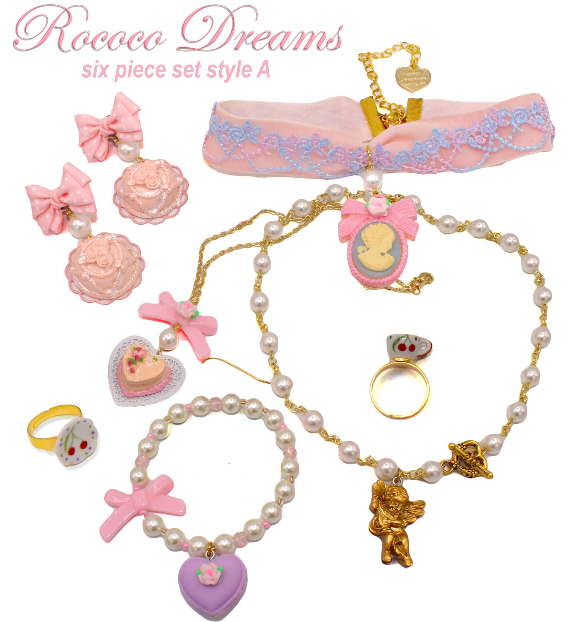 Rococo Dreams Marie Antoinette Inspired Jewelry Sets - Handmade Soft Girl Pink Necklace Ring Earrings - Fatally Feminine Designs