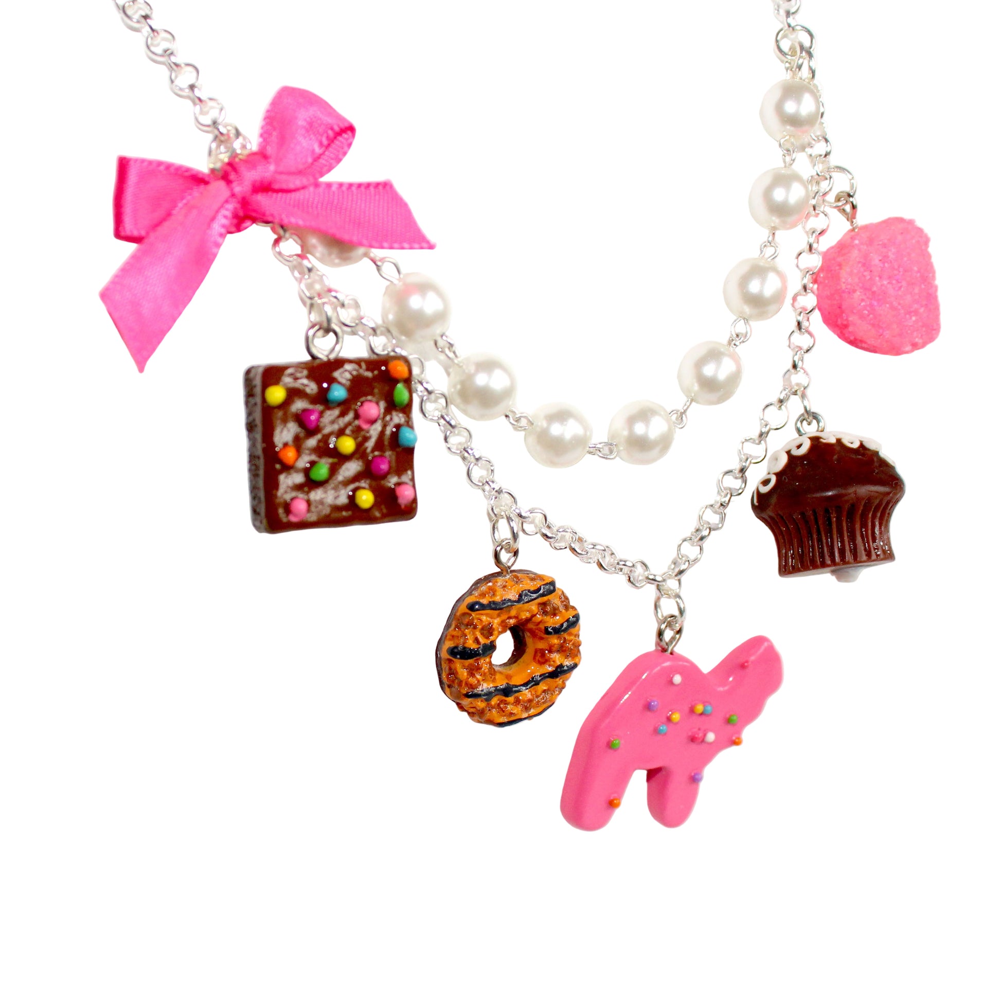 Pink Snack Cake Dessert Statement Charm Necklace Handmade in the USA in Gold or silver finish nostalgic 90s accessory for kawaii or egl style 