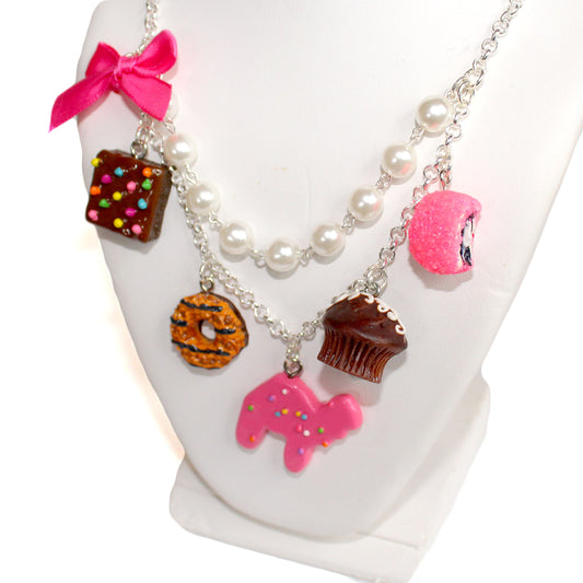 Pink Snack Cake Dessert Statement Charm Necklace Handmade in the USA in Gold or silver finish nostalgic 90s accessory for kawaii or egl style 