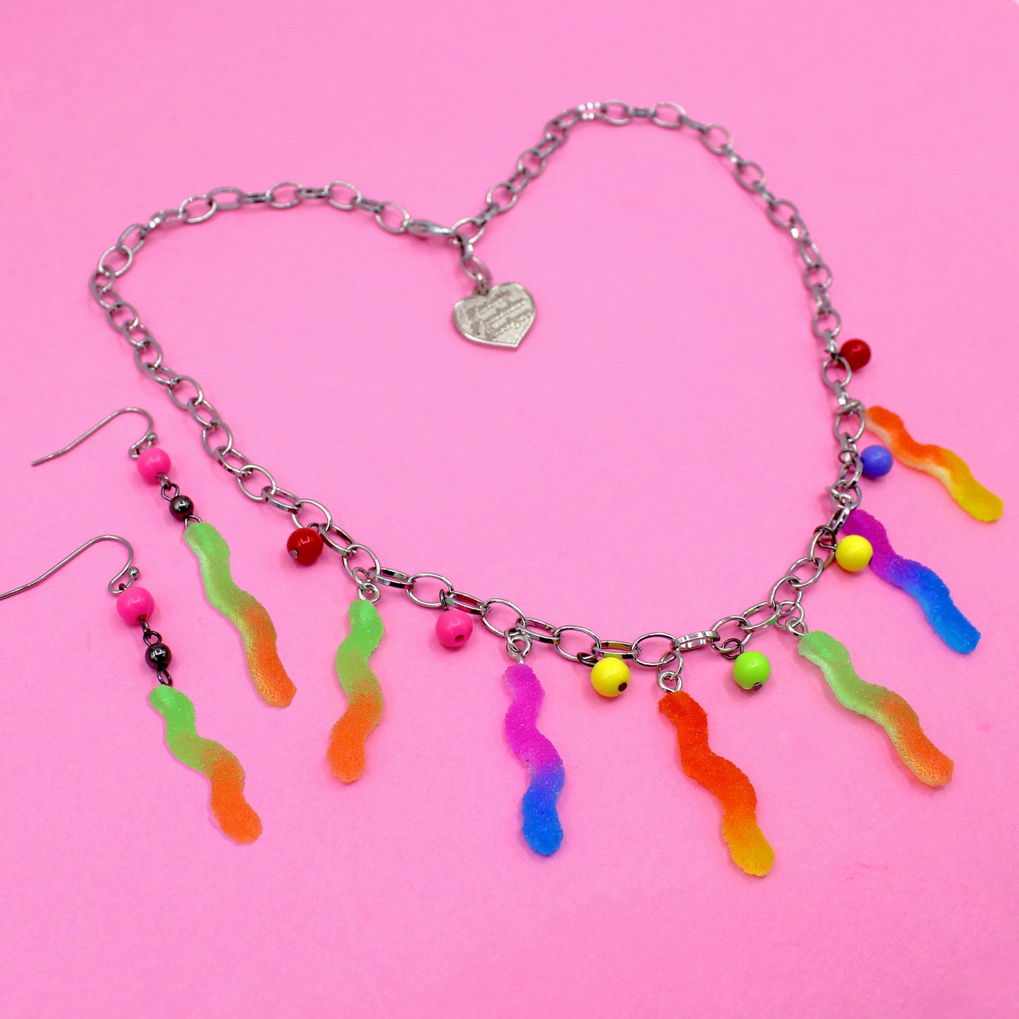 Sour Gummy Worm Charm Necklace and Earrings Handmade Cute Candy Jewelry Gift Resin for Women