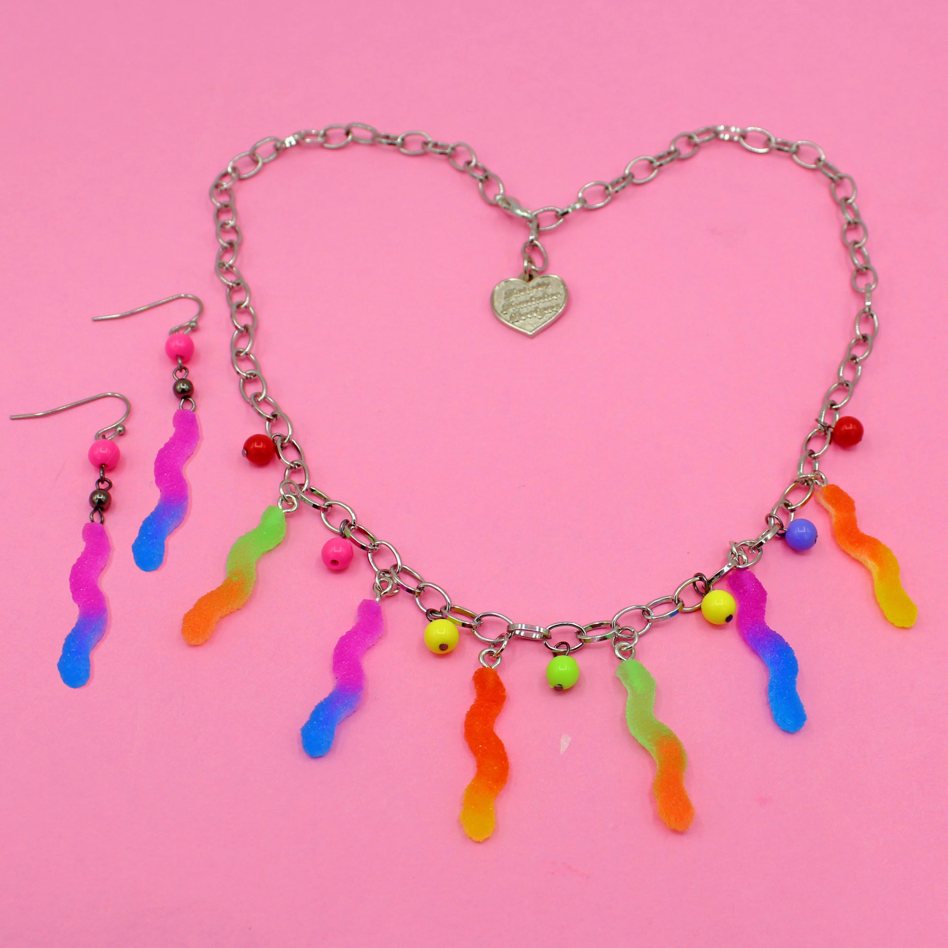 Sour Gummy Worm Charm Necklace and Earrings Handmade Cute Candy Jewelry Gift Resin for Women