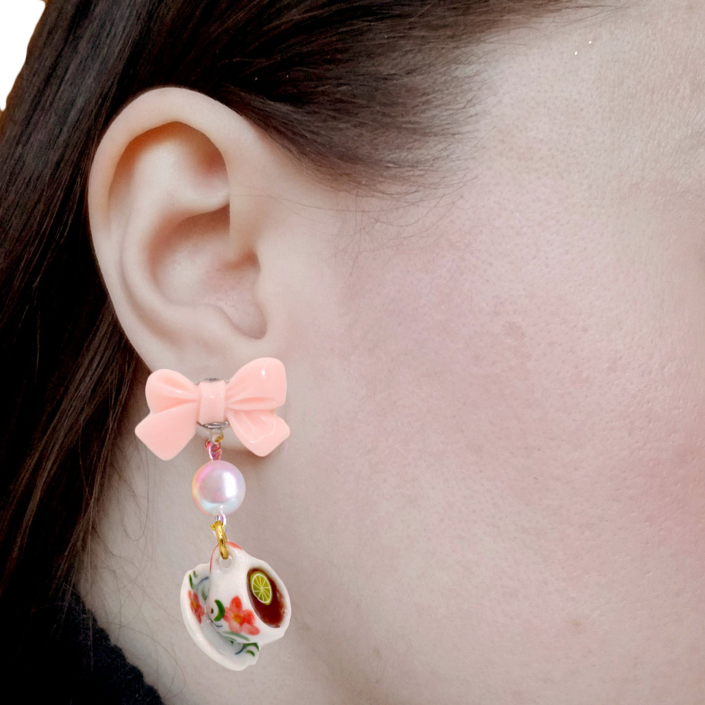Pink Victorian Tiny Tea Cup Bow & Pearl Earrings, Hypoallergenic Steel - High Tea Collection - Fatally Feminine Designs