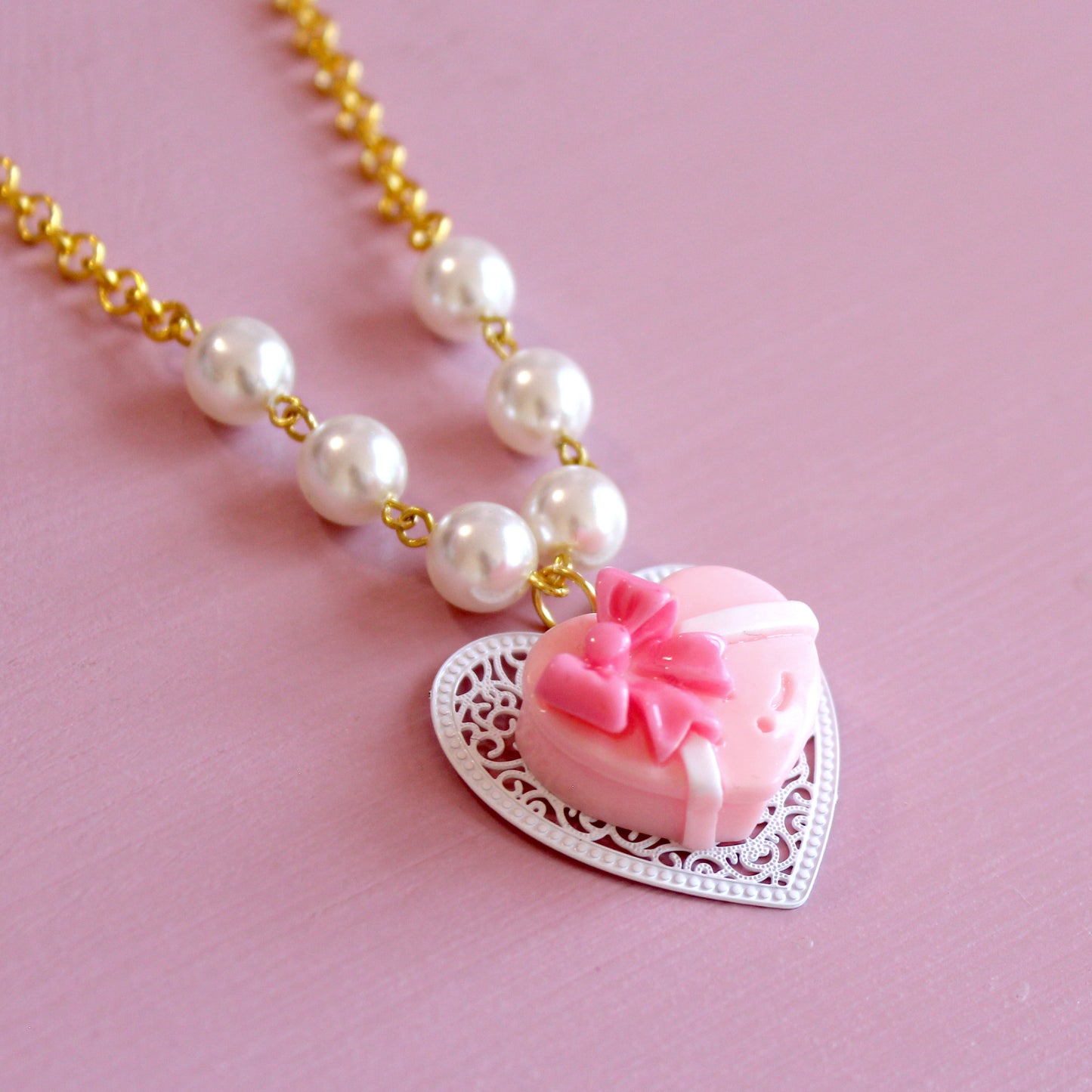 Vintage Pink Heart Chocolate Box Necklace, Valentine's Charm Jewelry, Fatally Feminine Designs