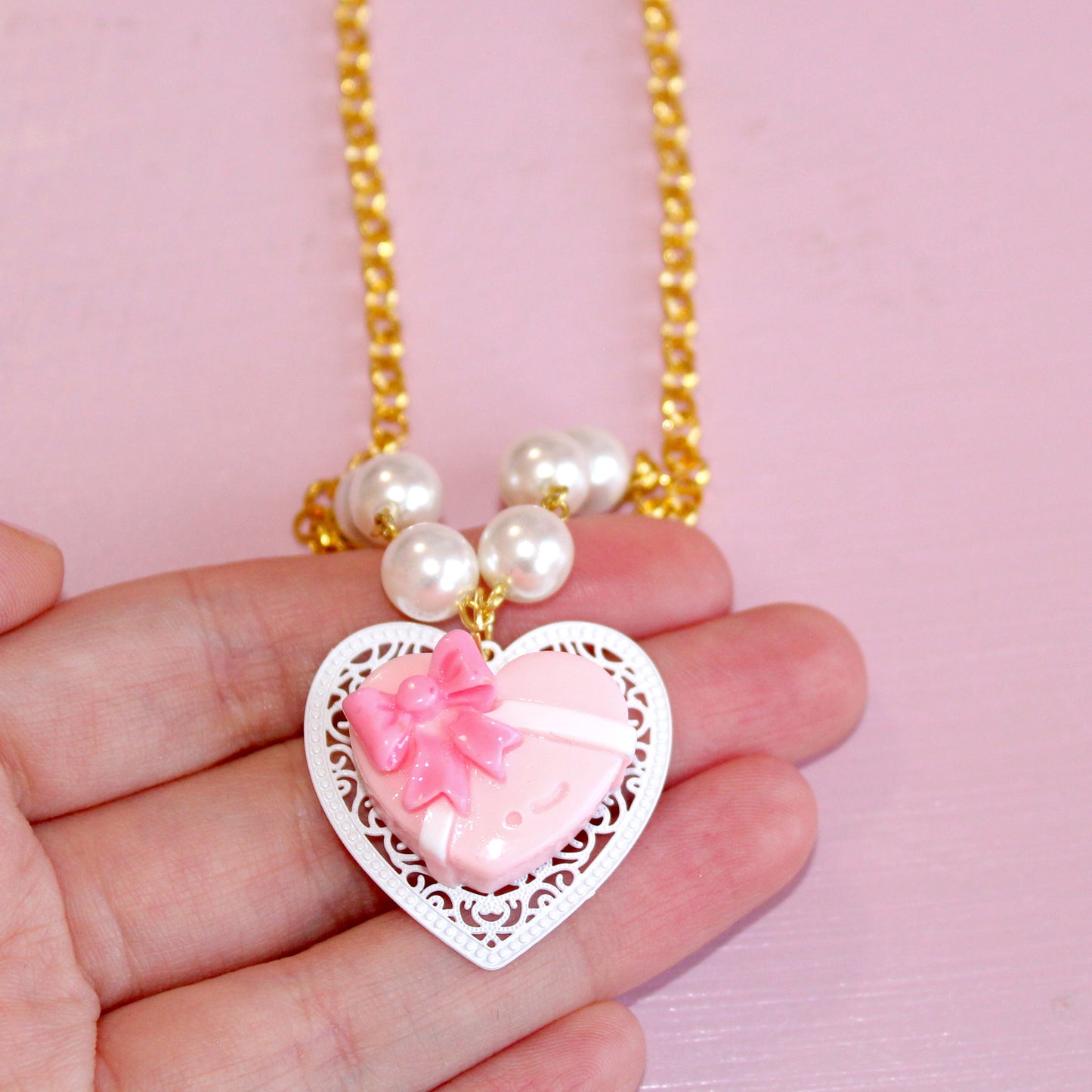 Vintage Pink Heart Chocolate Box Necklace, Valentine's Charm Jewelry, Fatally Feminine Designs