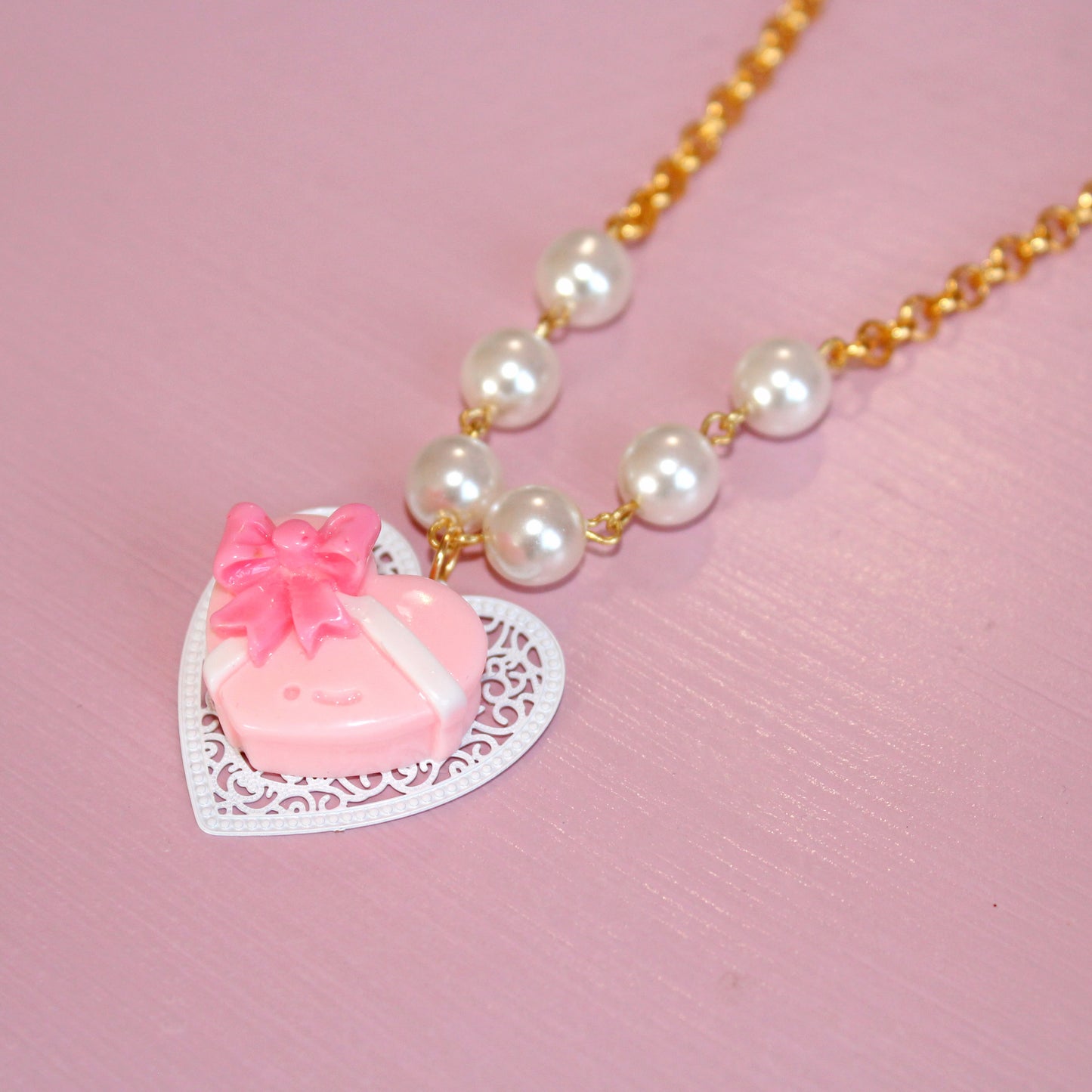 Vintage Pink Heart Chocolate Box Necklace, Valentine's Charm Jewelry, Fatally Feminine Designs