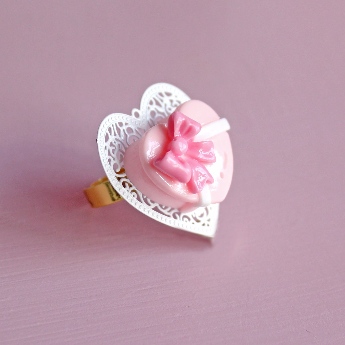 Vintage Pink Heart Chocolate Box Ring, Valentine's Charm Jewelry, Fatally Feminine Designs