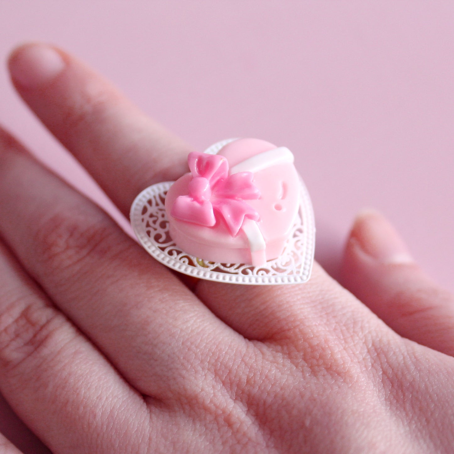 Vintage Pink Heart Chocolate Box Ring, Valentine's Charm Jewelry, Fatally Feminine Designs