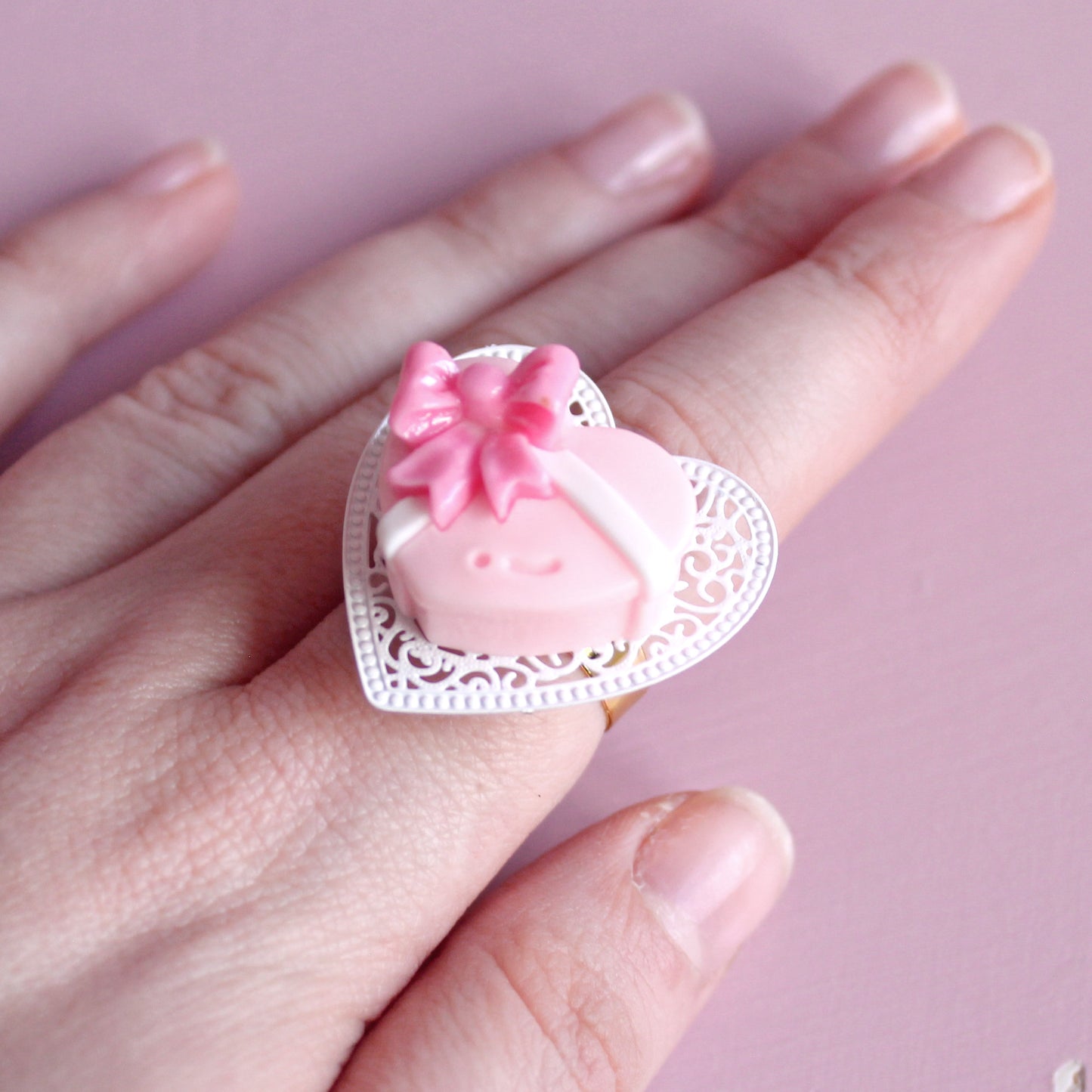 Vintage Pink Heart Chocolate Box Ring, Valentine's Charm Jewelry, Fatally Feminine Designs