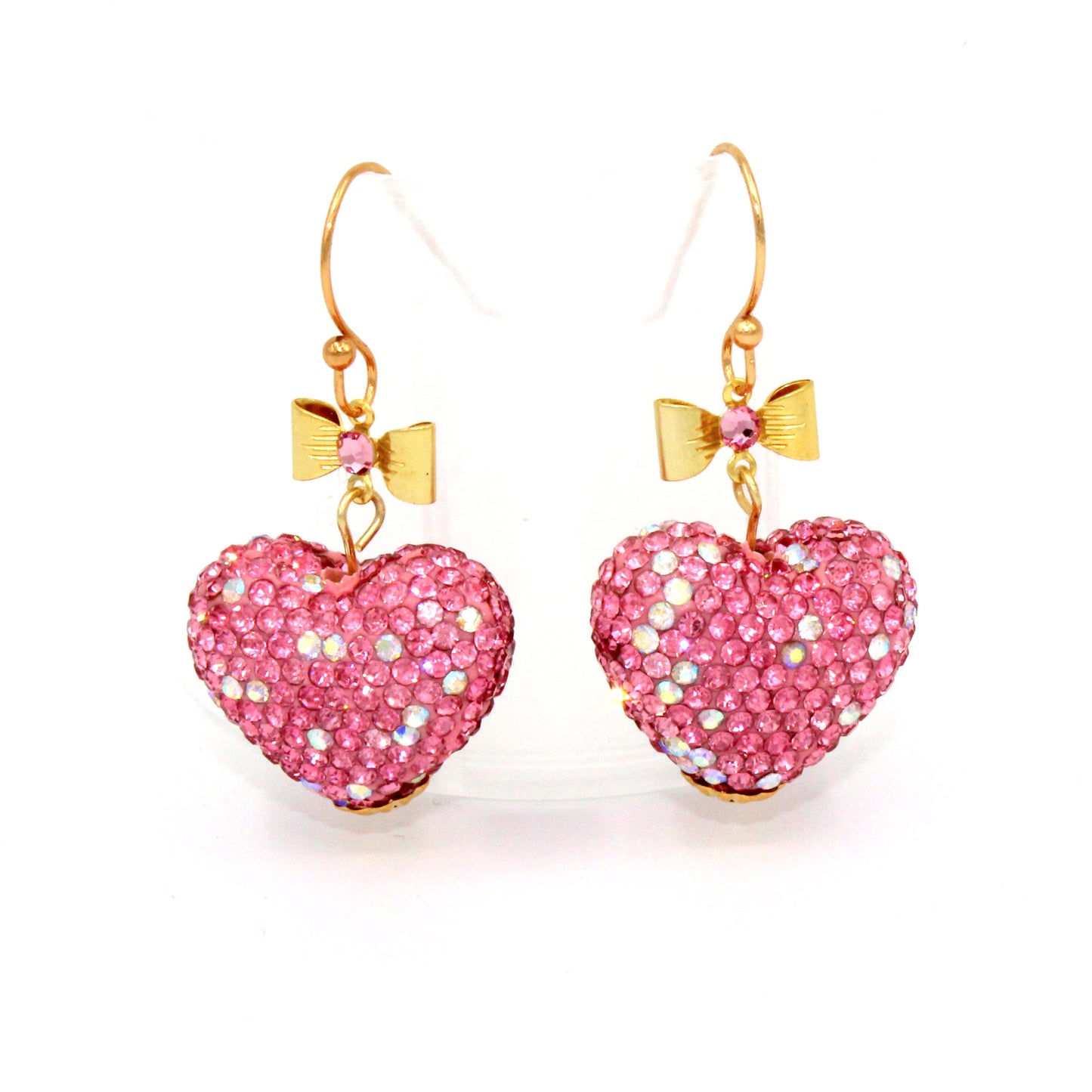 Pink Sparkle Heart Drop Earrings, Valentine's Charm Jewelry, Handmade Clay Statement Earring