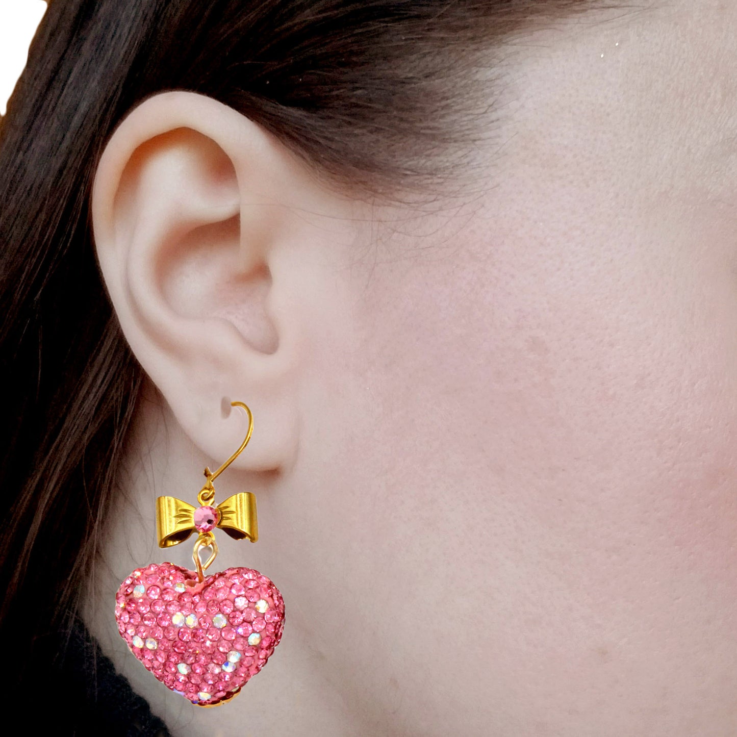 Pink Sparkle Heart Drop Earrings, Valentine's Charm Jewelry, Handmade Clay Statement Earring