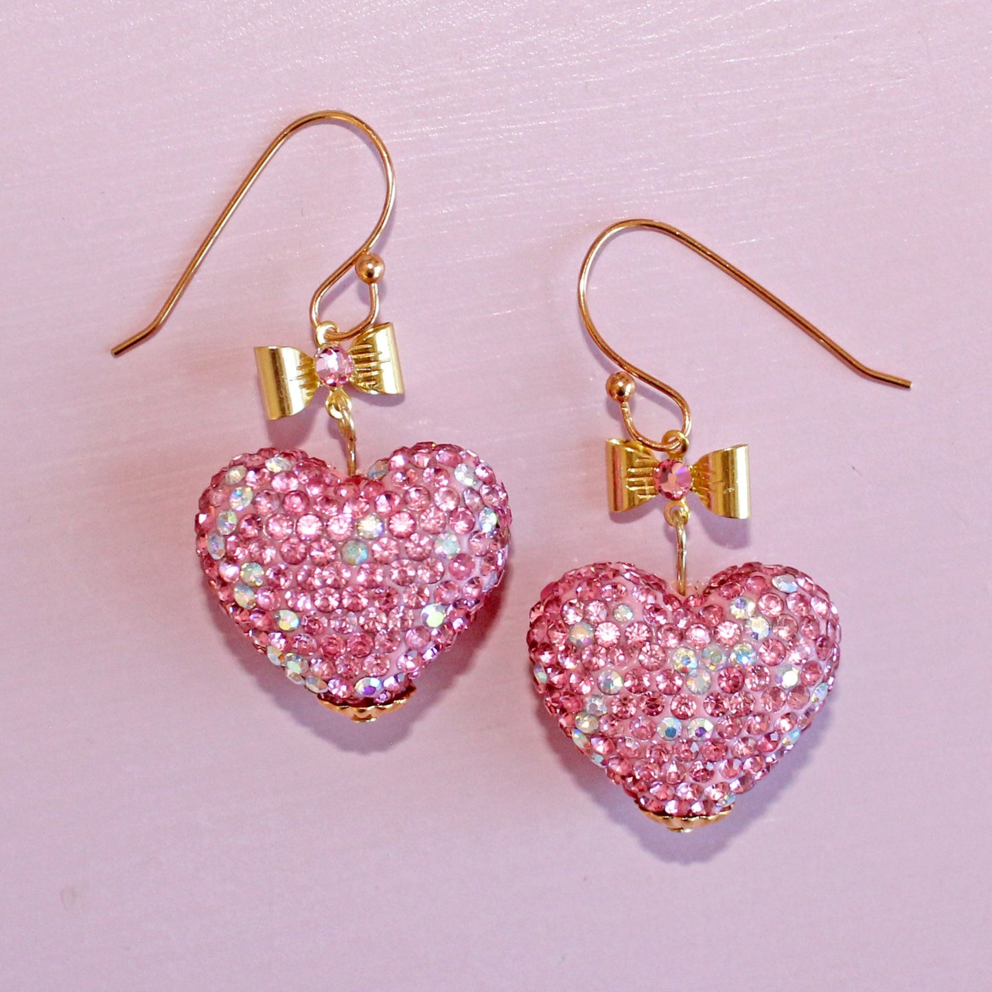 Pink Sparkle Heart Drop Earrings, Valentine's Charm Jewelry, Handmade Clay Statement Earring