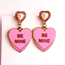 Load image into Gallery viewer, Pearl &amp; Crystal Be Mine Candy Heart Enamel Earrings
