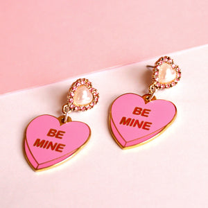 Pearl & Crystal Be Mine Candy Heart Enamel Earrings