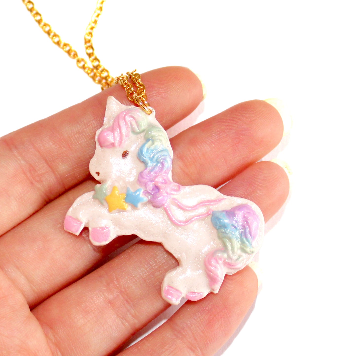 Kawaii Unicorn Bon Bon Necklace, Non-Fade Stainless Steel 18" Chain, Handmade in Polymer Clay