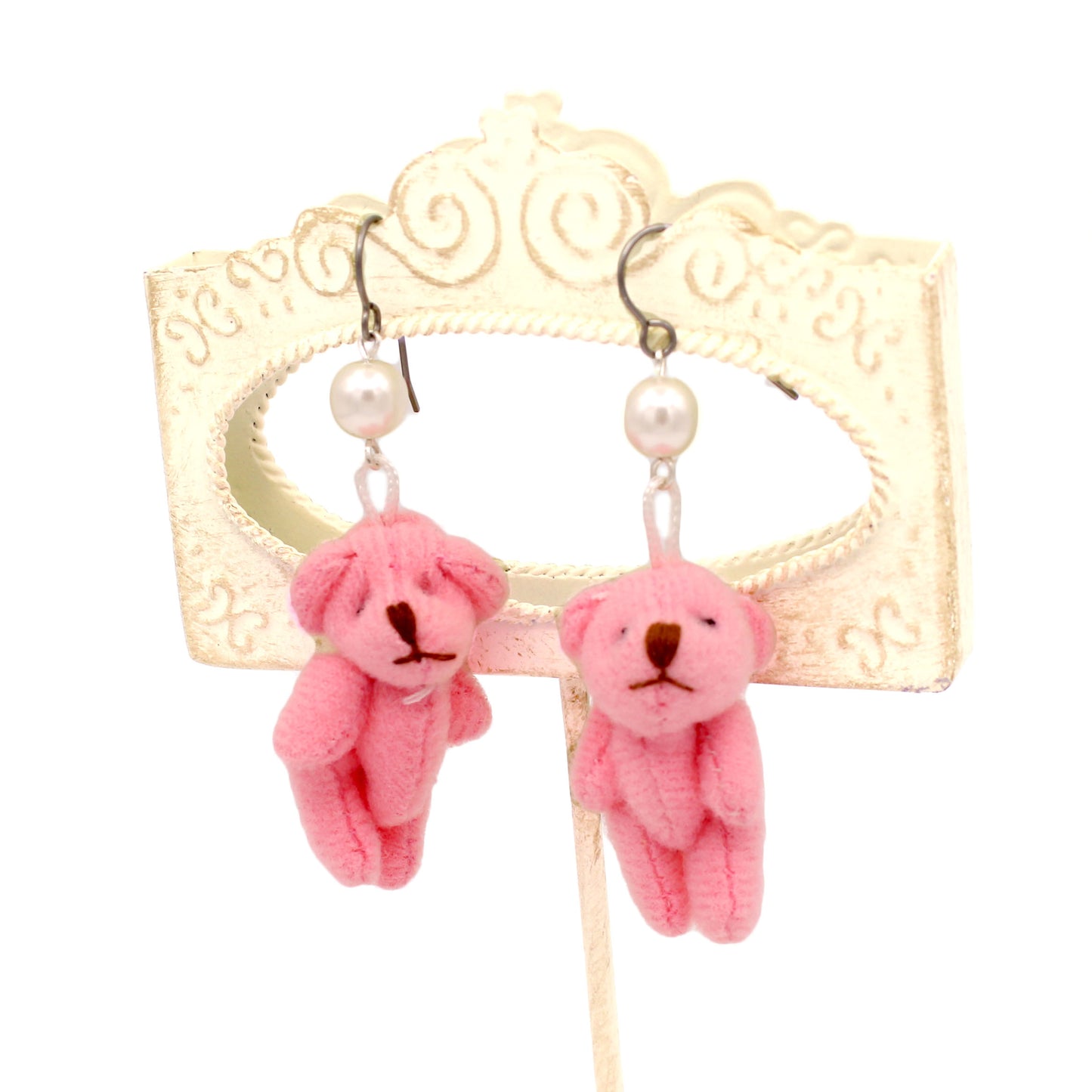 Plush Pink Teddy Bear Earrings with Pearls