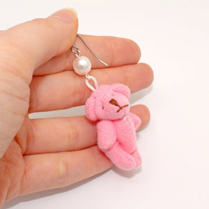Plush Pink Teddy Bear Earrings with Pearls