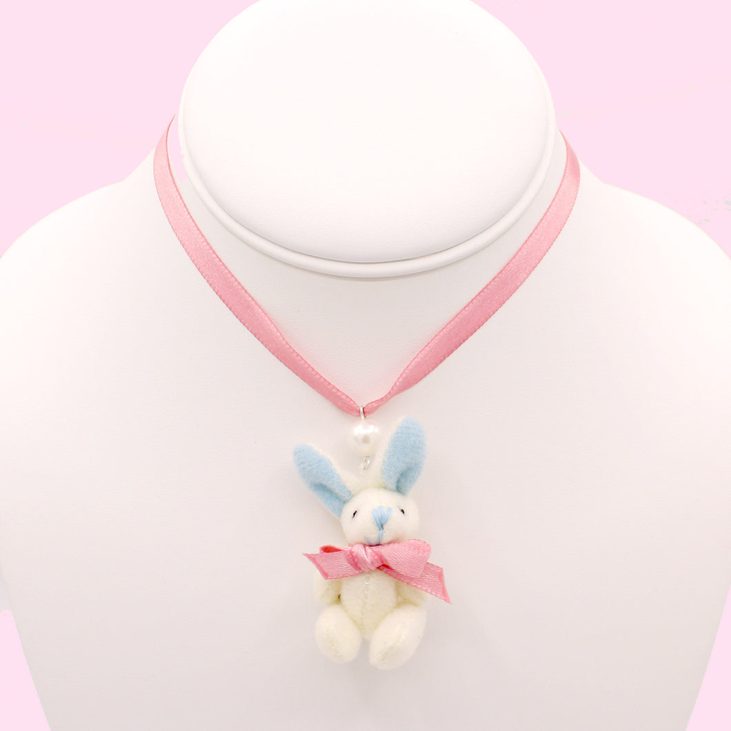 Pastel Bunny Satin Choker or Necklace - Pink or White Plush Bunny - Fatally Feminine Designs