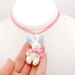Pastel Bunny Satin Choker or Necklace - Pink or White Plush Bunny - Fatally Feminine Designs