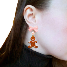 Load image into Gallery viewer, Gingerbread Man Cookie Bow and Pearl Earrings - Limited Edition Holiday Collection
