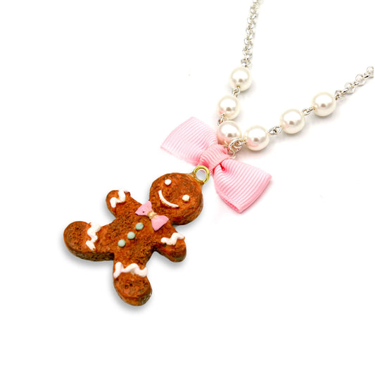 Gingerbread Man Cookie Pearl & Bow Necklace - Silver or Gold - Limited Edition Holiday Collection
