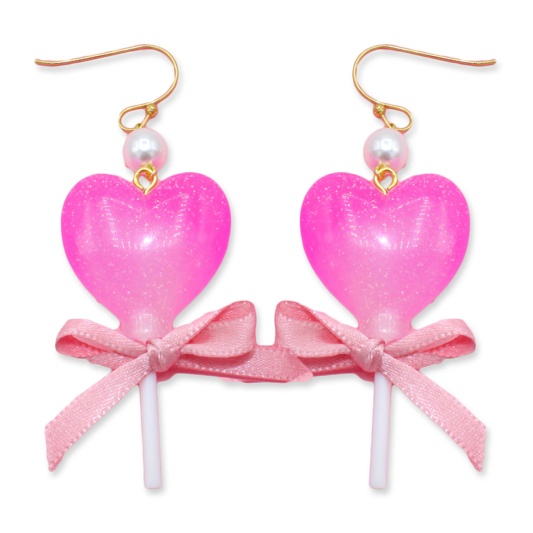 Hot Pink Heart Lollipop Earrings - Gold or Silver - Fatally Feminine Designs