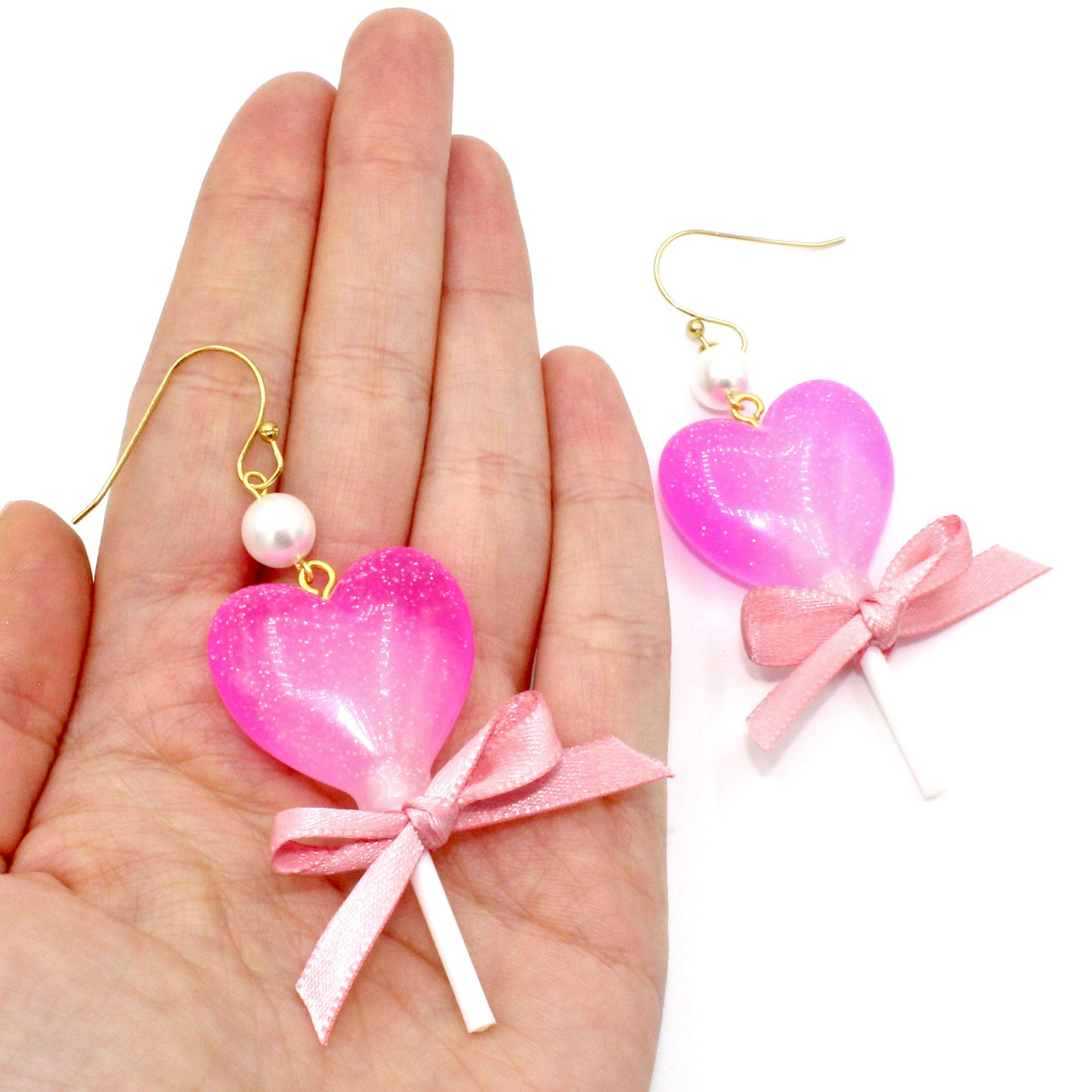 Hot Pink Heart Lollipop Earrings - Gold or Silver - Fatally Feminine Designs