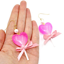 Load image into Gallery viewer, Hot Pink Heart Lollipop Earrings - Gold or Silver - Fatally Feminine Designs
