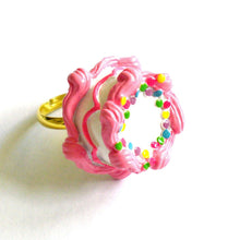 Load image into Gallery viewer, pink happy birthday cake ring gold or silver adjustable handmade cute charm jewelry gift for friend

