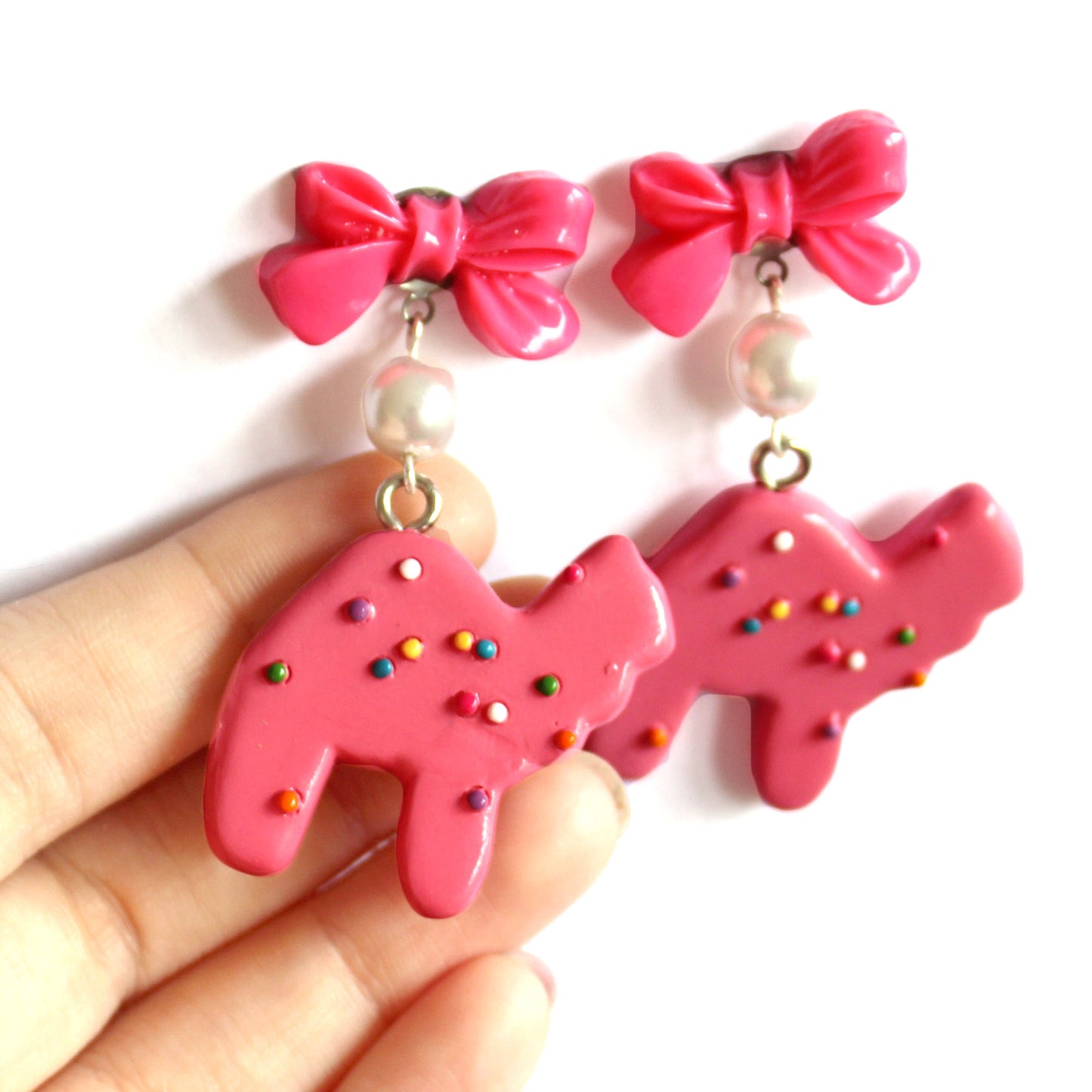 Bow and Pearl Pink Animal Cookie Earrings