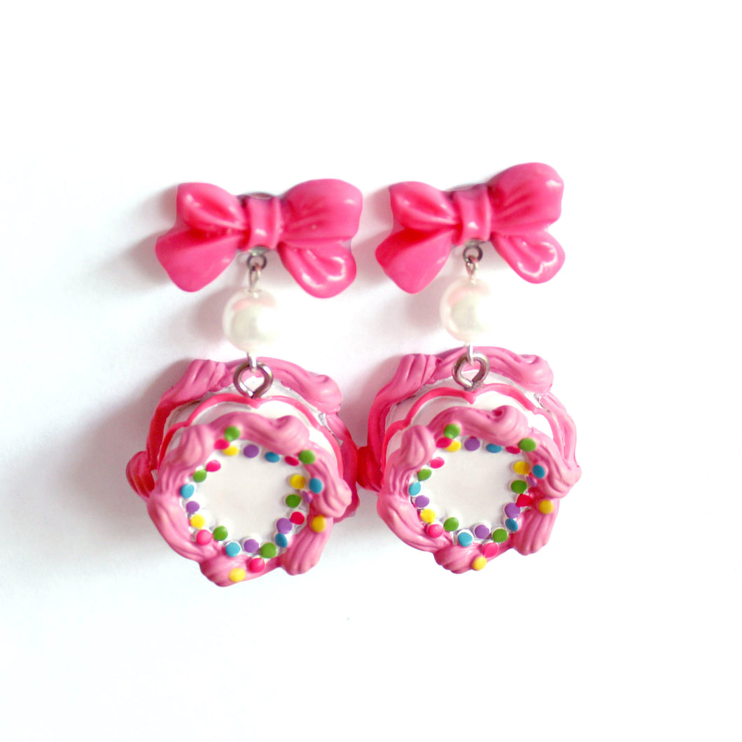 Bow and Pearl Hot Pink Birthday Cake Earrings
