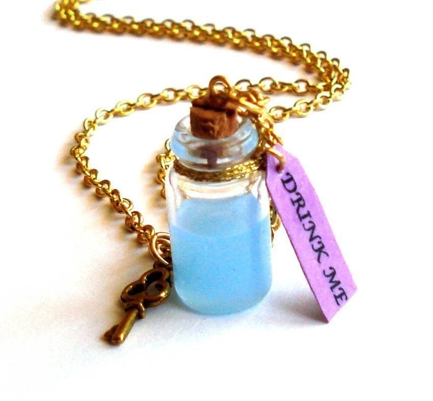 Drink Me Bottle Necklace, Stainless Steel or Gold Finish Chain, Alice in Wonderland Collection, Handmade in the USA