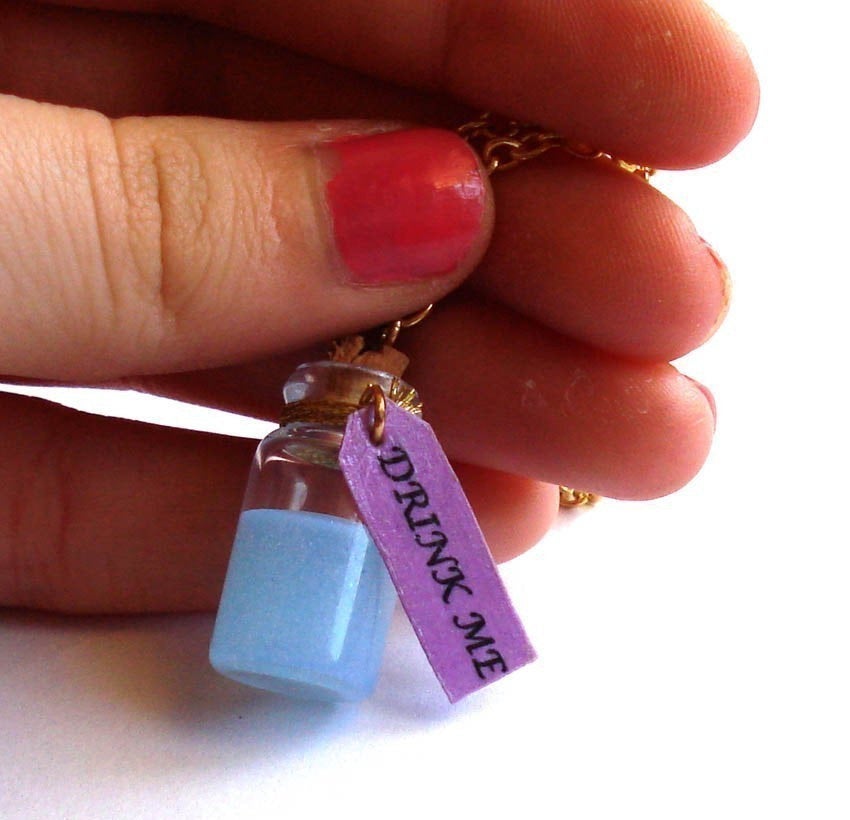 Drink Me Bottle Necklace, Stainless Steel or Gold Finish Chain, Alice in Wonderland Collection