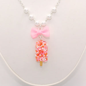 Strawberry Shortcake Bar Pearl & Bow Necklace - Gold or Silver