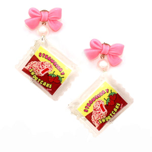 Deluxe Strawberry Shortcake Ice Cream Bag Earrings - Bow & Pearl - Hypoallergenic Steel