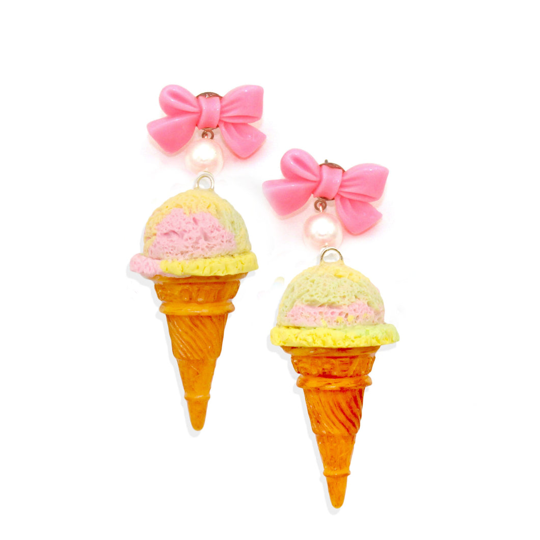 Bow & Pearl Ice Cream Cone Earrings - Hypoallergenic Steel - Fatally Feminine Designs