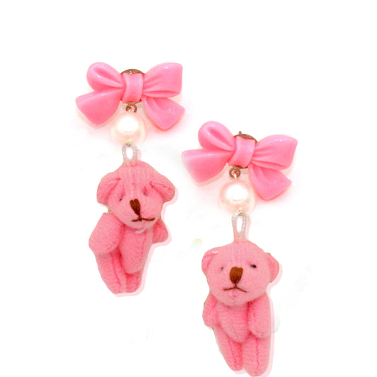 Plush Pink Teddy Bear Bow & Pearl Earrings - Hypoallergenic - Fatally Feminine Designs